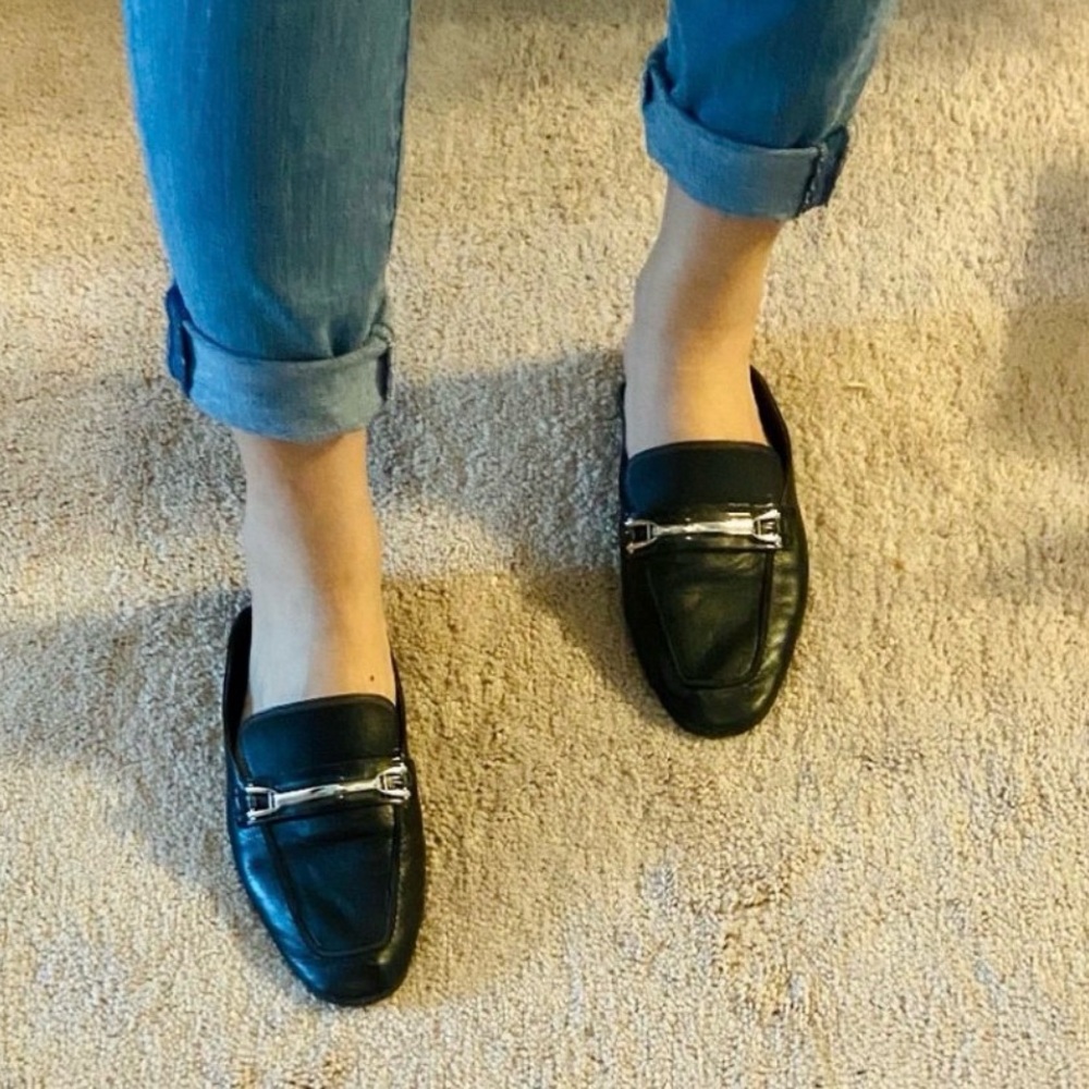 Black Leather mule slide Loafers with Silver Buckle